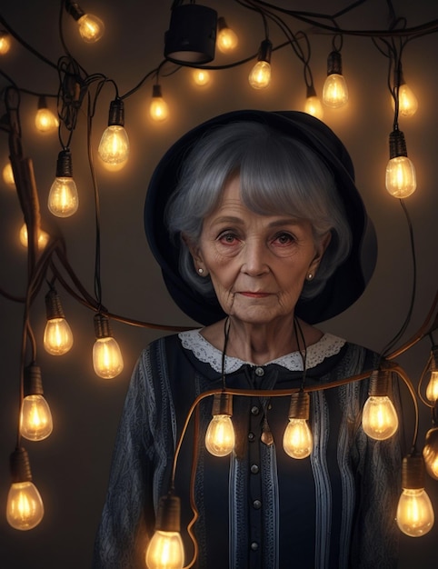 Une vieille dame de 70 ans dans un cadre sombre avec des lumières suspendues