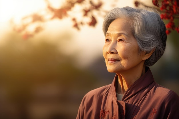 Photo une vieille dame asiatique à l'extérieur avec une lumière du soir et un espace de copie