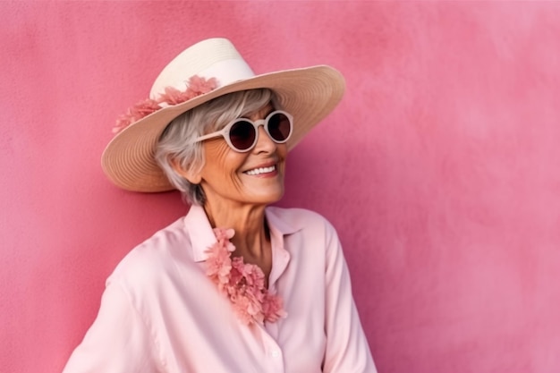 Vieille dame cool heureuse et drôle avec des vêtements à la mode portrait sur fond coloré jeune gra