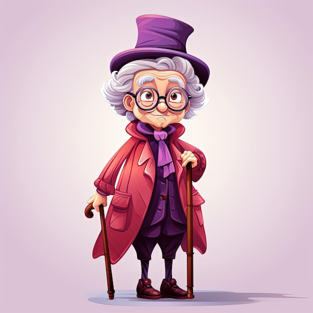 vieille dame de dessin animé tenant une illustration vectorielle de canne dans le style violet clair et marron