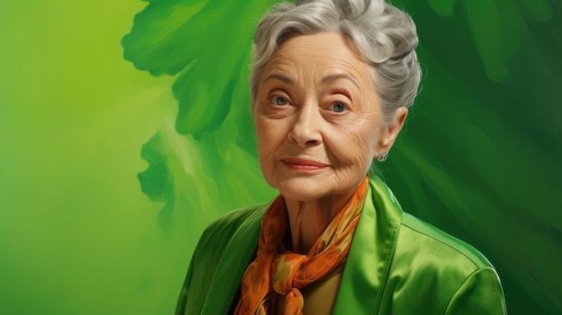 Vieille dame élégante en vêtements verts Femme âgée Ancien modèle sur fond vert Généré par l'IA