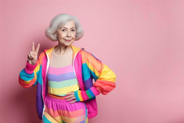 vieille dame portant des vêtements d'entraînement colorés pour l'exercice physique et amusant sur un fond pastel rose ai génératif