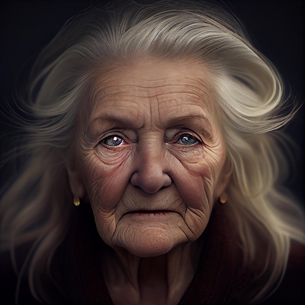 Une vieille dame avec des rides sur le visage est représentée dans ce tableau.