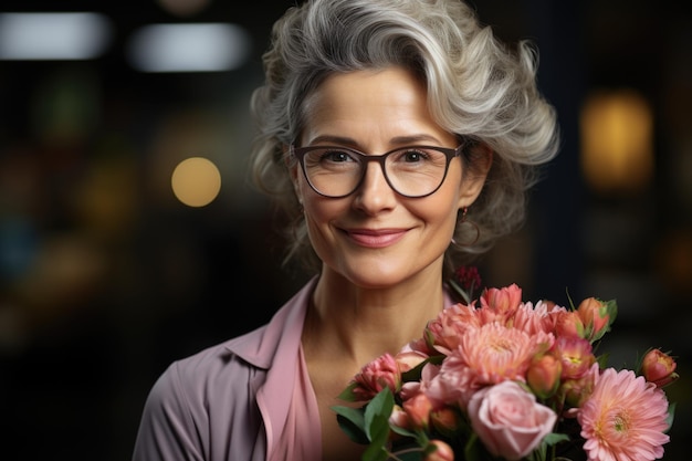 Une vieille dame souriante avec des fleurs fraîches