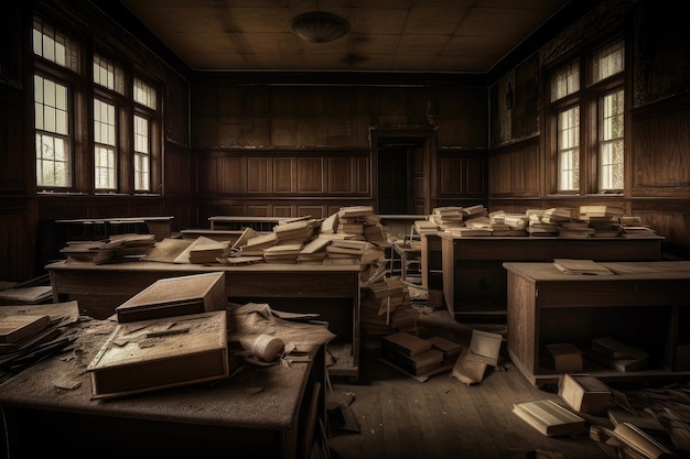 Vieille école effrayante avec des bureaux et des livres laissés dans les salles de classe