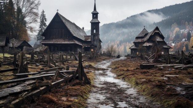vieille église en bois dans les montagnes fin de l'automne