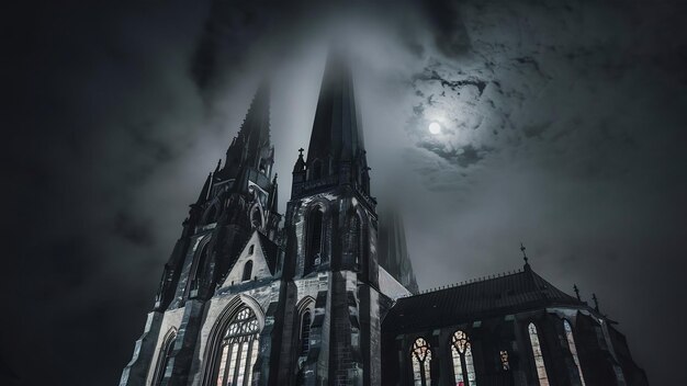 Photo vieille église gothique au clair de lune et nuit brumeuse à francfort en allemagne