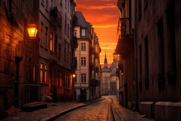 vieille europe, rue, coucher soleil