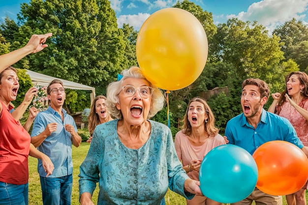 Une vieille femme active et heureuse, entourée d'amis, participe à un jeu amusant avec des ballons.