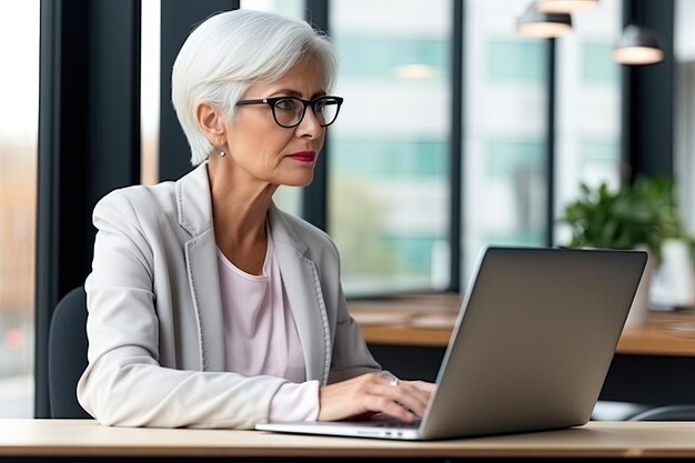 Une vieille femme d'affaires assise devant un ordinateur portable dans un bureau moderne, un espace de travail commun, une femme aux cheveux gris qui travaille seule.