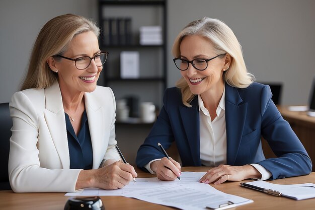 Photo une vieille femme d'affaires réussie et positive serre la main d'un jeune meilleur travailleur.