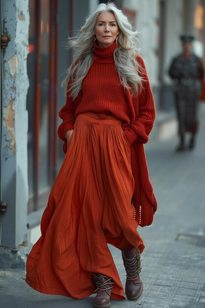 Vieille femme âgée belle femme aux cheveux gris dans une tenue de mode Senior street fashion