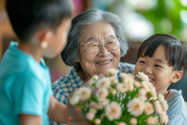 Une vieille femme asiatique heureuse reçoit des cadeaux de ses petits-enfants. Les enfants font une surprise d'anniversaire à leur grand-mère. Les petits enfants donnent à leur grande-mère une carte-cadeau et un bouquet de fleurs.