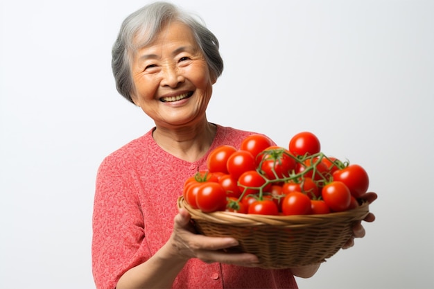 Une vieille femme asiatique avec un panier de tomates.