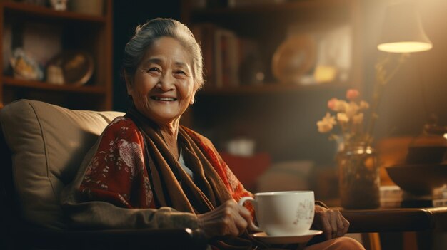 Une vieille femme asiatique s'assoit et boit du café sur le canapé à la maison avec bonheur