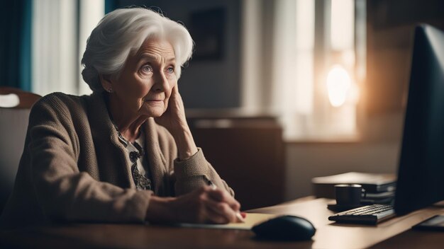 Une vieille femme assise devant l'ordinateur ne sait pas quoi faire, des larmes de panique confuses dans les yeux