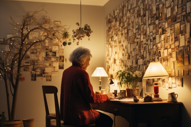 Photo vieille femme aux cheveux gris regardant des photos du passé