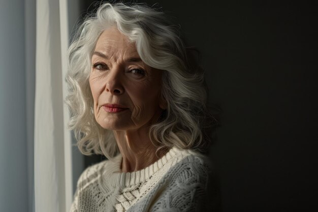 Photo une vieille femme blanche contemplative avec un visage ridé, une expression triste et des cheveux gris rêvant de jours meilleurs dans une maison moderne.