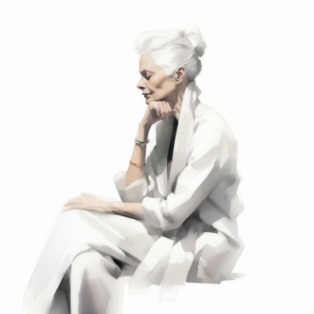 Vieille femme blanche en pensée et doute illustration peinte à l'huile Personnage féminin avec un visage rêveur sur fond abstrait Affiche de couleur douce sur toile acrylique générée par Ai