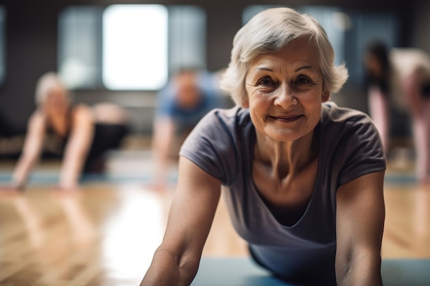 Une vieille femme caucasienne faisant de la gymnastique avec d'autres peuples Generative AI