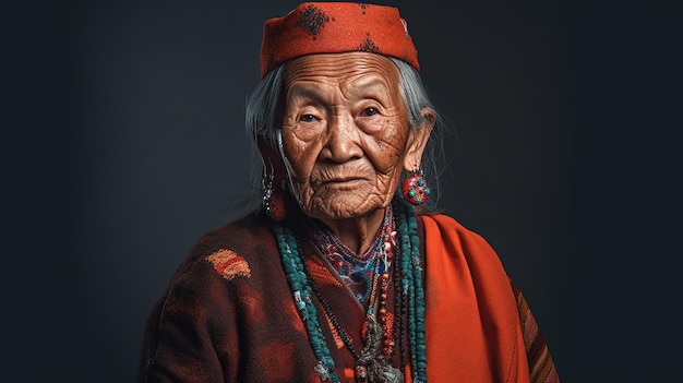 Une vieille femme avec un chapeau rouge et des boucles d'oreilles