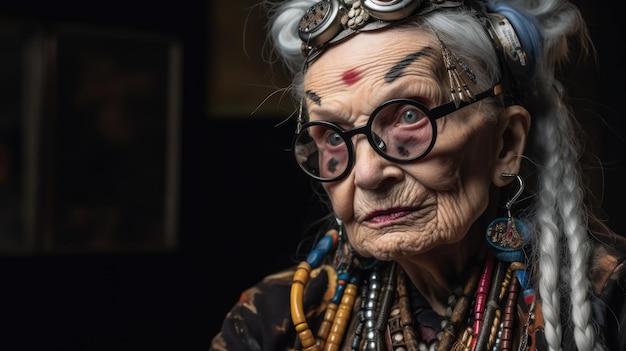 Vieille femme cybergoth avec maquillage punk généré par l'IA