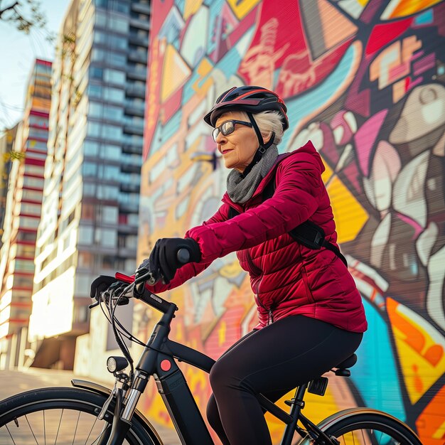 Une vieille femme cycliste à vélo.