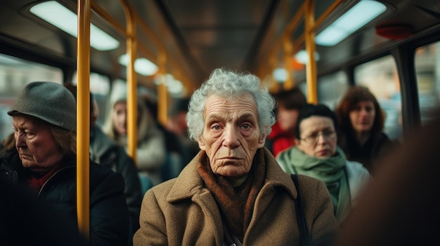 Une vieille femme dans un bus.