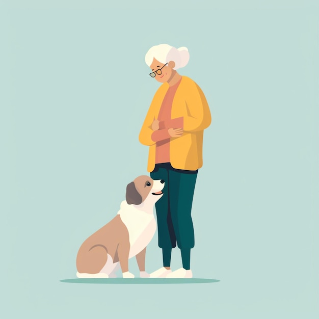 une vieille femme debout à côté d'un chien avec un collier génératif ai