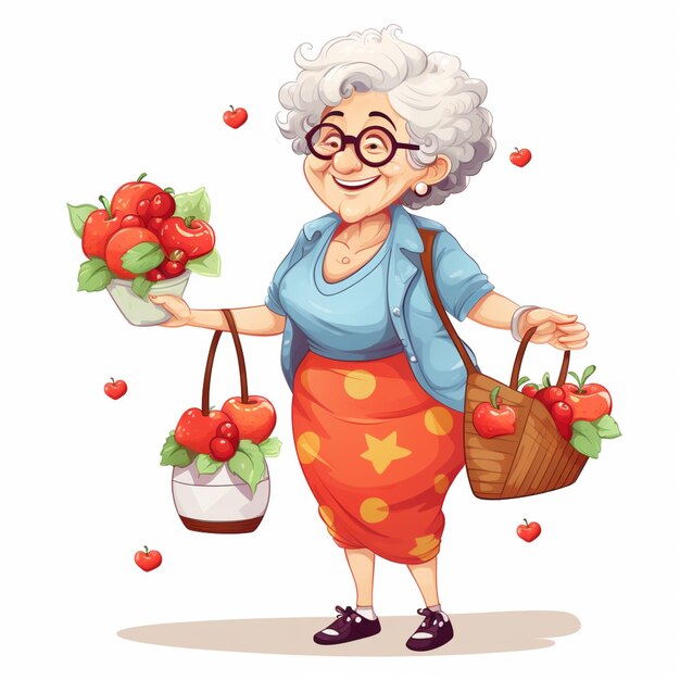 vieille femme de dessin animé avec un panier de cerises et un panier de cerises ai générative