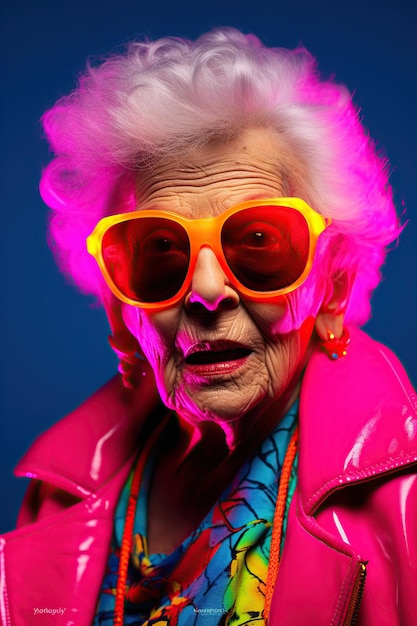 Vieille femme élégante à lunettes de soleil avec néons