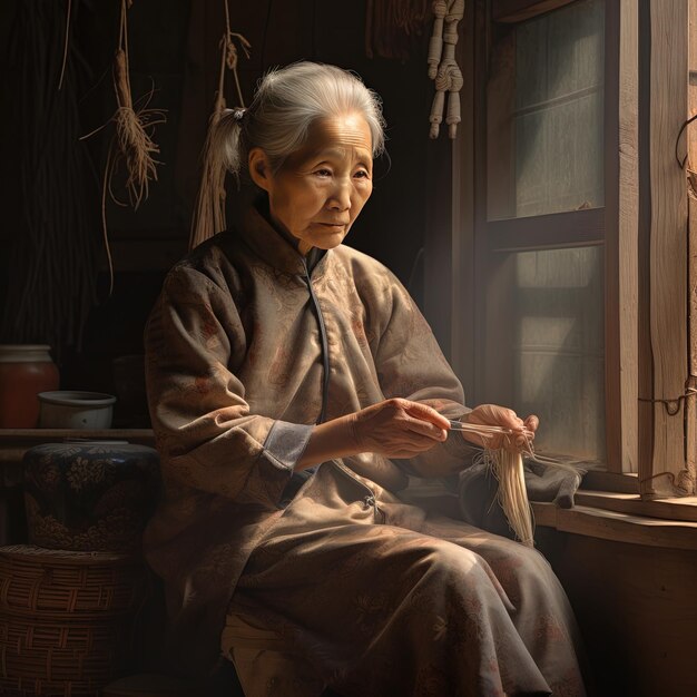 une vieille femme est assise devant une fenêtre avec une lanterne chinoise