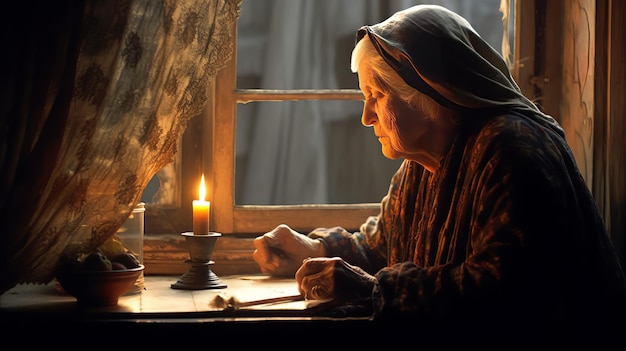 une vieille femme à la fenêtre sur la table une bougie brûle à travers la fenêtre