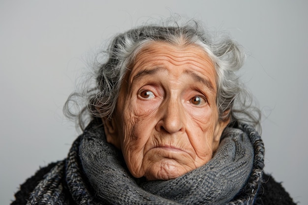 une vieille femme avec un foulard autour du cou