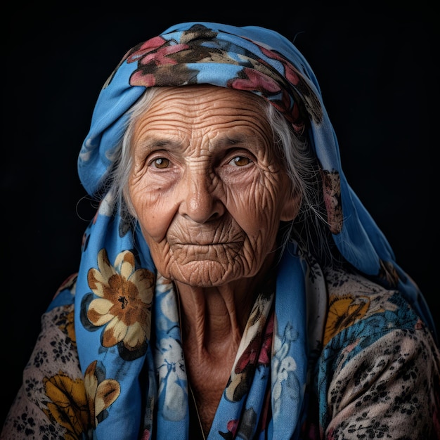 une vieille femme avec un foulard bleu sur la tête