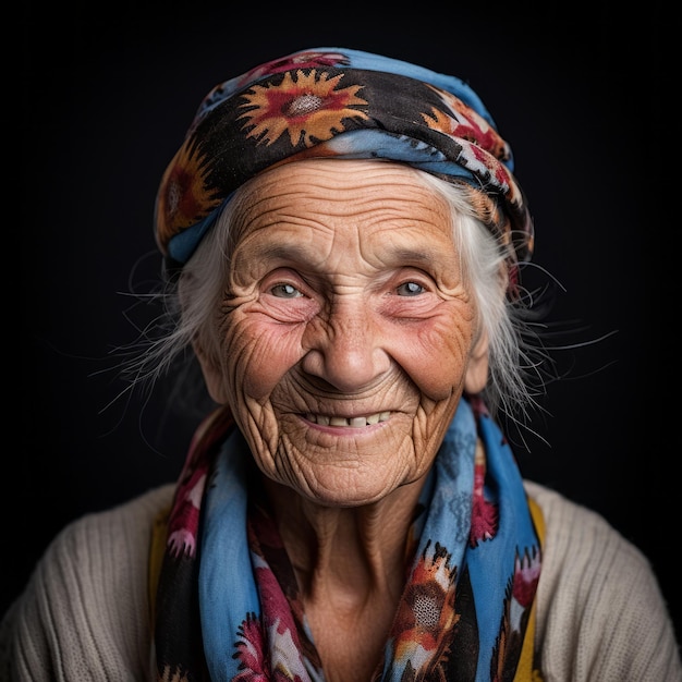 une vieille femme avec un foulard coloré sur la tête