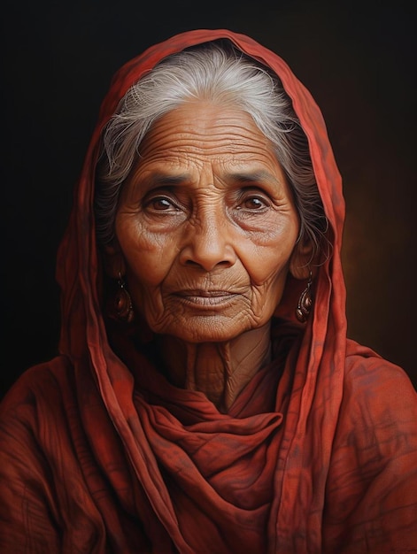 Une vieille femme avec un foulard rouge