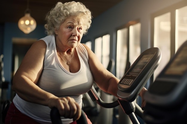 Une vieille femme grosse qui fait de l'exercice en salle de sport.