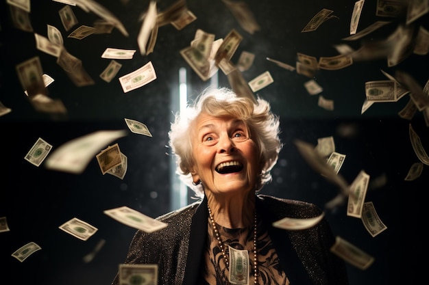 une vieille femme heureuse avec de l'argent volant dans les airs