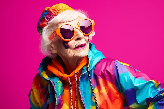 Une vieille femme heureuse, une grand-mère avec des lunettes de soleil, la jeunesse de son âme.