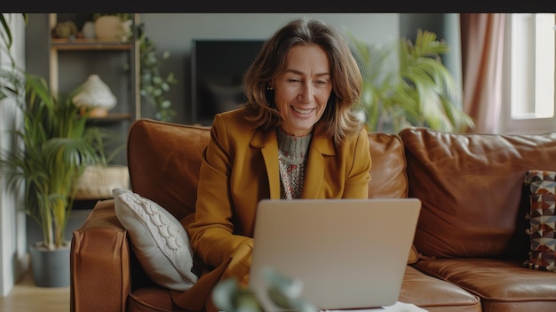 Une vieille femme heureuse, stylée, mature, travaillant à distance depuis chez elle, un bureau à distance sur un ordinateur portable, prenant des notes, souriante, une femme d'affaires d'âge moyen dans la soixantaine, utilisant un ordinateur, regardant un webinar, assise sur le canapé, écrivant dans un bloc-notes.