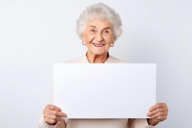 Une vieille femme heureuse tenant un panneau blanc blanc signe portrait de studio isolé