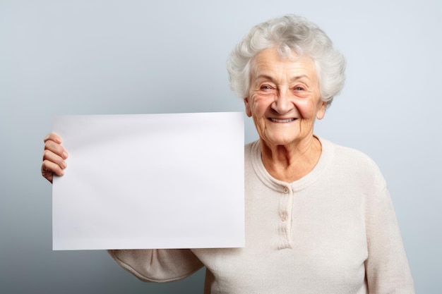 Une vieille femme heureuse tenant un panneau blanc blanc signe portrait de studio isolé