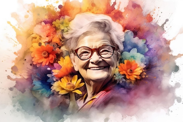 Une vieille femme joyeuse et belle avec des lunettes ornées de fleurs à l'aquarelle dans le style des éclaboussures de couleur Generative AI