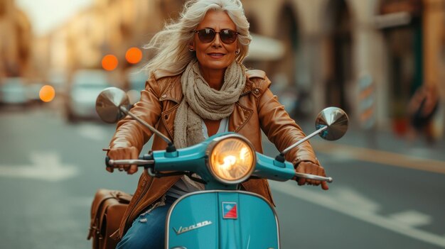 Une vieille femme joyeuse sur un scooter bleu.