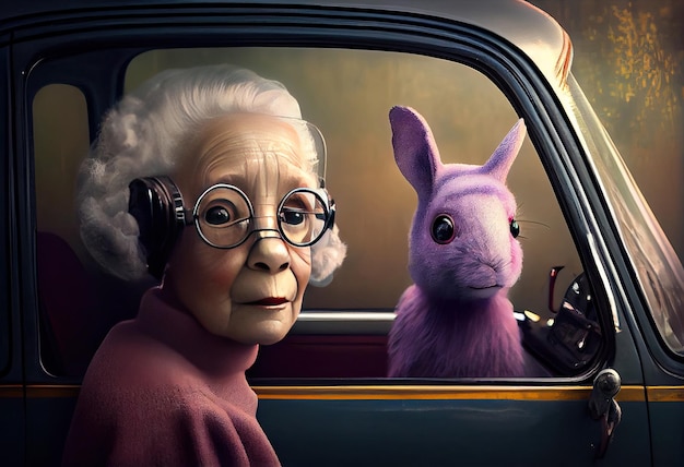 Une vieille femme et un lapin.