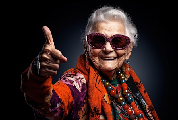 une vieille femme en lunettes de soleil donne le pouce en l'air dans le style de l'imagerie rock and roll emblématique