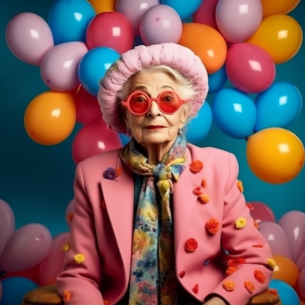 une vieille femme à lunettes et une veste rose avec un chapeau rose et des lunettes.