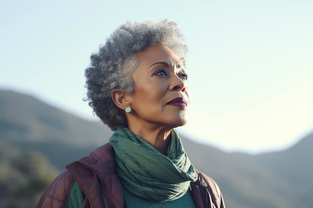 une vieille femme noire contemplant le paysage autour d'elle