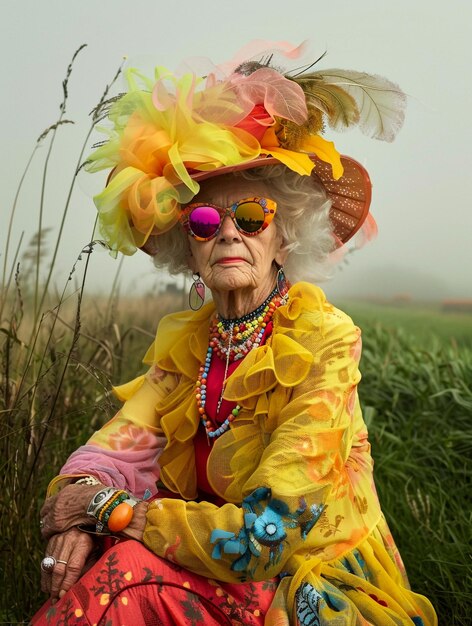 une vieille femme portant un chapeau de clown est assise dans un champ